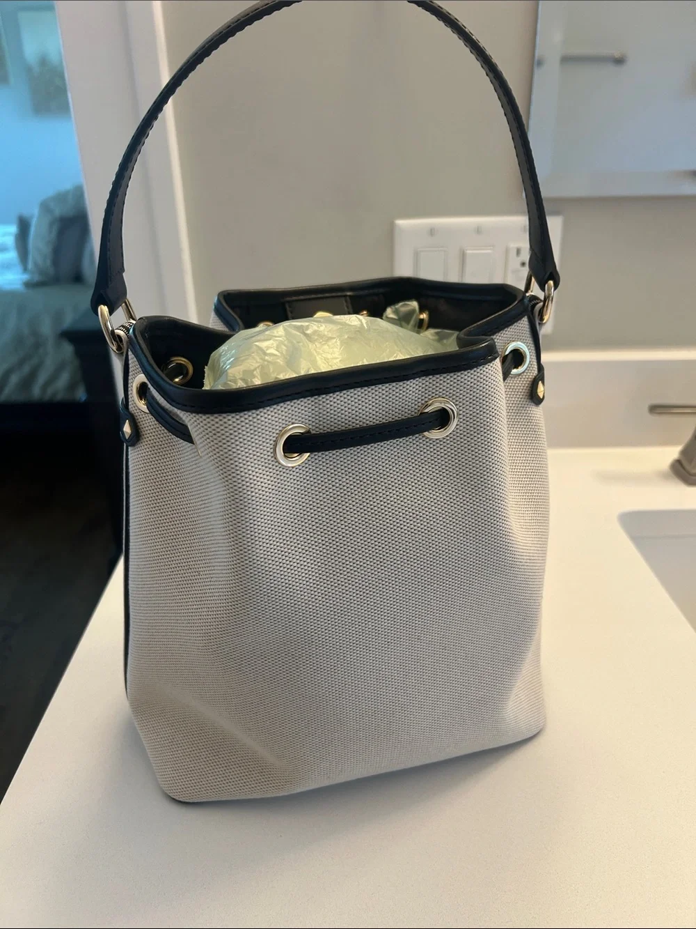 Michael Kors Cream and Black Drawstring Shoulder Bucket Bag
